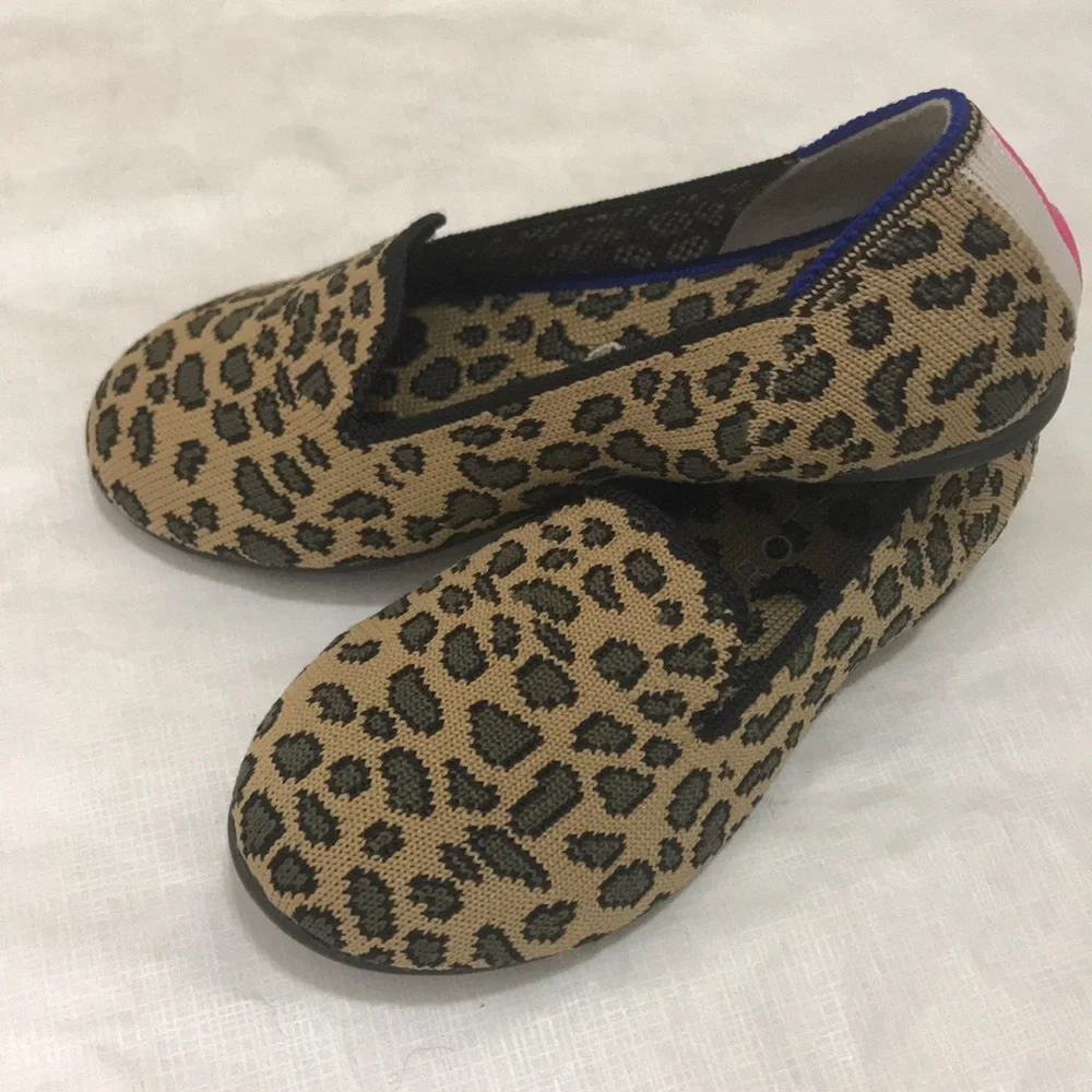 Rothy's Kids Leopard Print loafers with Pink & Blue Accents